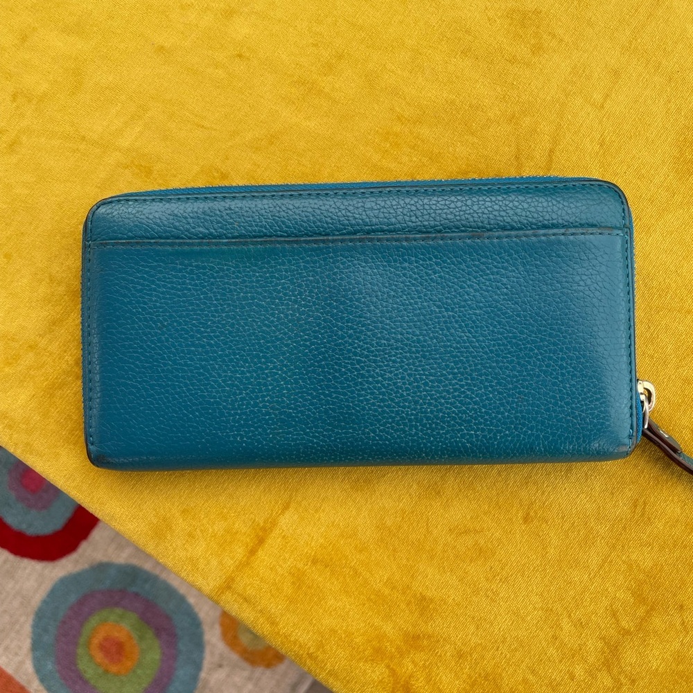 Kate Spade Turquoise Leather Zippered Wallet 4” x 8” - Picture 4 of 9